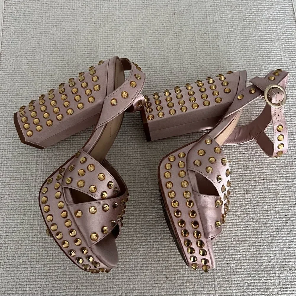 ALDO Block Heels Blush Rhinestone Platform Shoes Color Pale Pink Satin Size 7.5